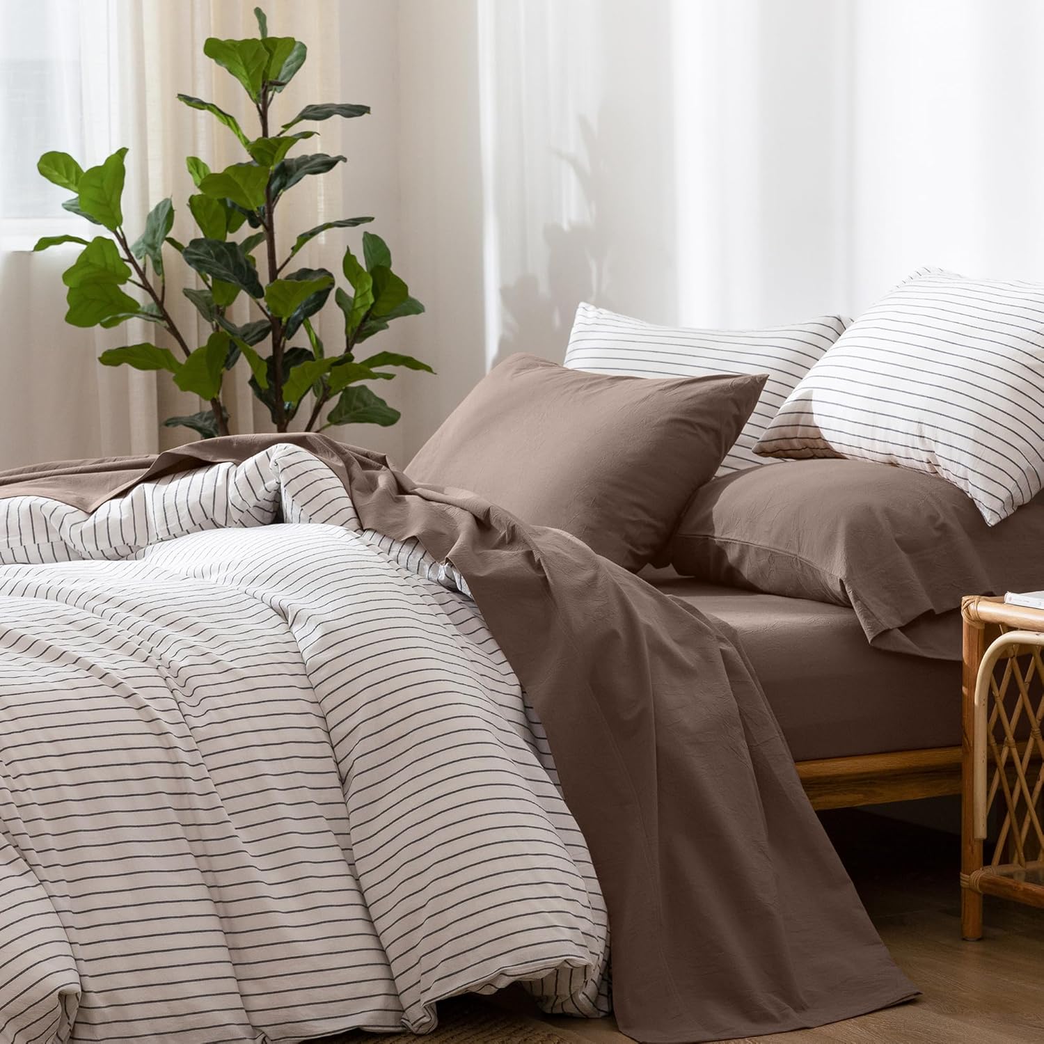 MooMee Bedding Sheet Set 100% Washed Cotton Linen Like Textured Breathable Durab...
