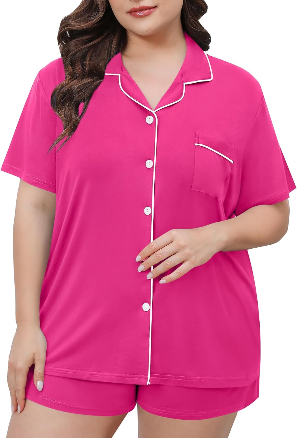 SWOMOG Women's Plus Size Pajamas Set Button Down Tops Short Sleeve Sleepwear Sof...