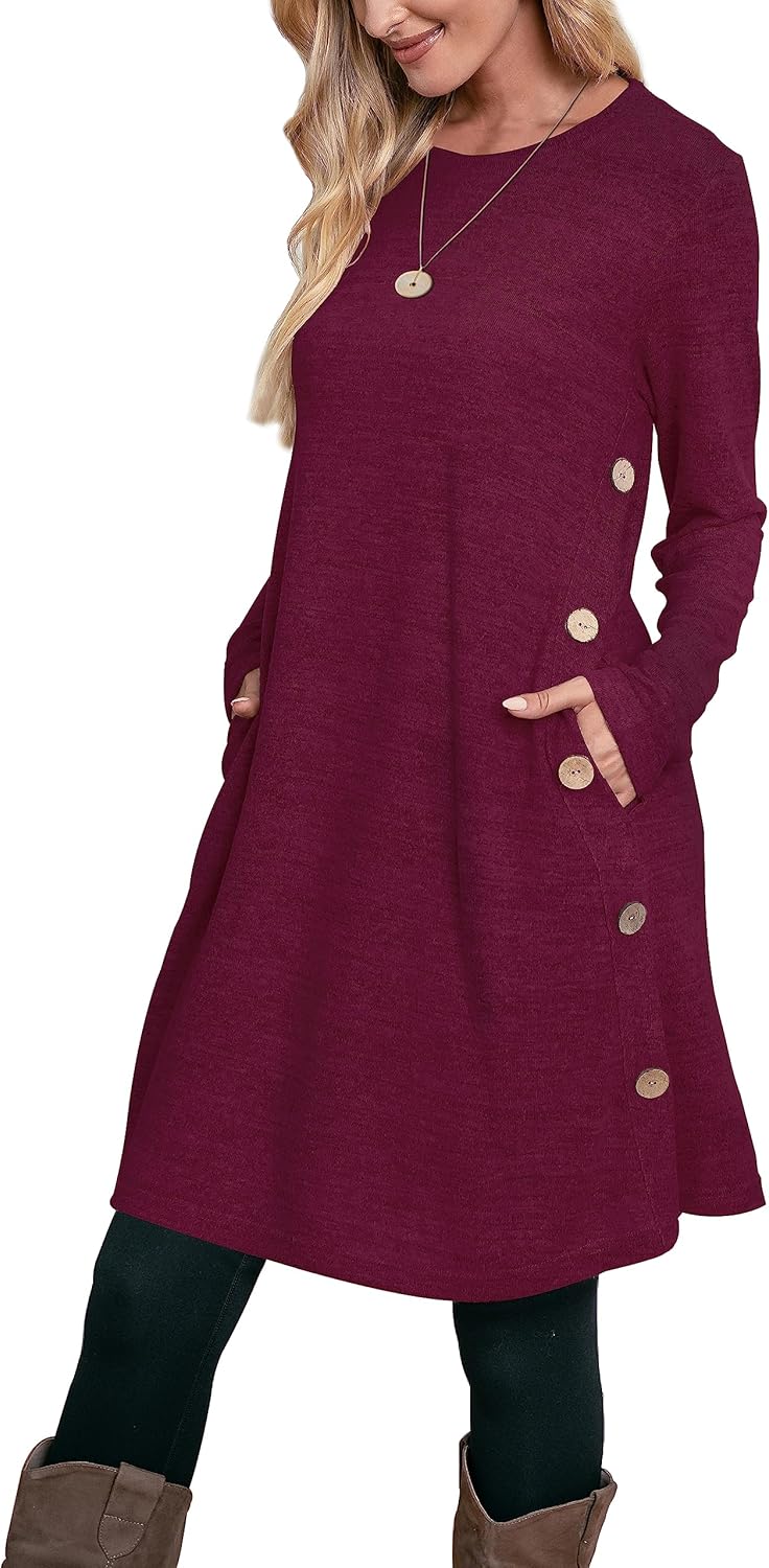 Aokosor Jumper Dress for Women Long Sleeve Dress Ladies Button Tunic Dress with...