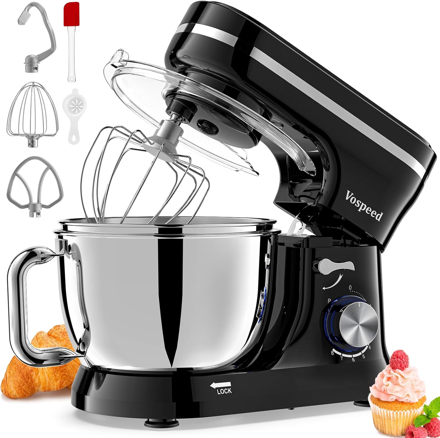 Vospeed Stand Mixer, 4.5L+5L Bowls 8-speed 1000W Tilt-Head Food Mixer, Kitchen E...