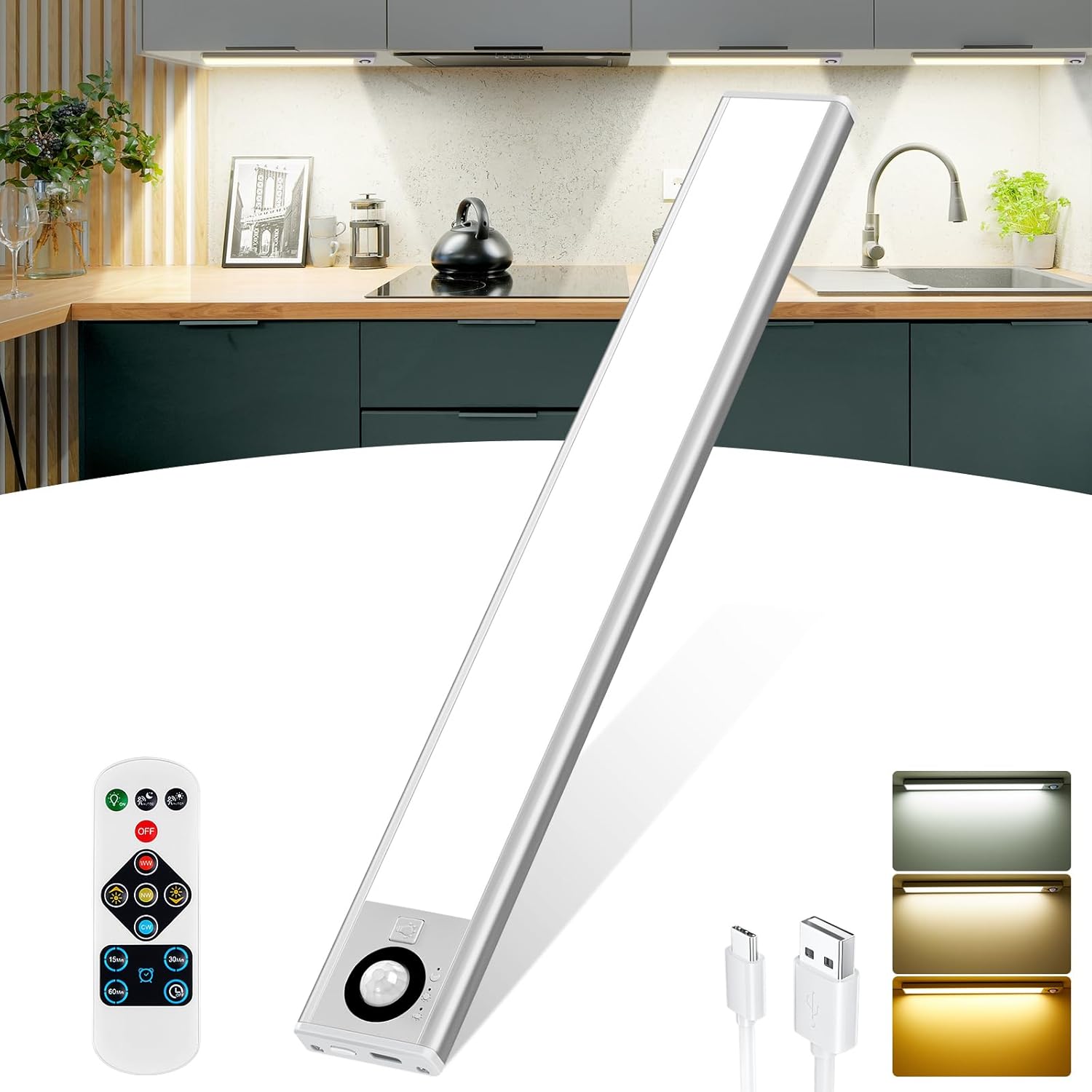 QNUJN Under Cabinet Kitchen Lights, 72 LED Motion Sensor Lights Indoor, 3000mAh...