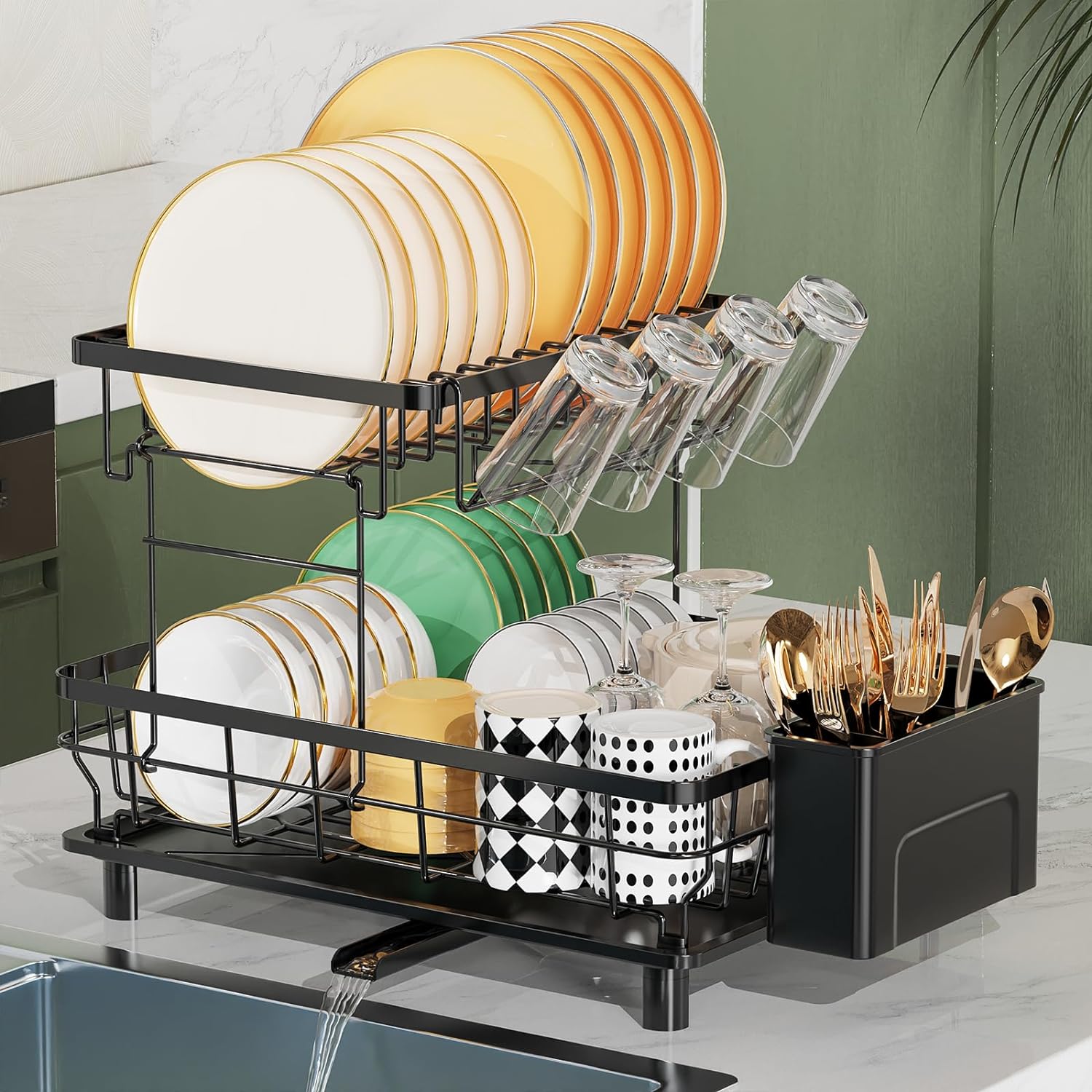 LIONONLY 2 Tier Dish Drainer Rack with Drip Tray, Detachable Large Dish drying R...