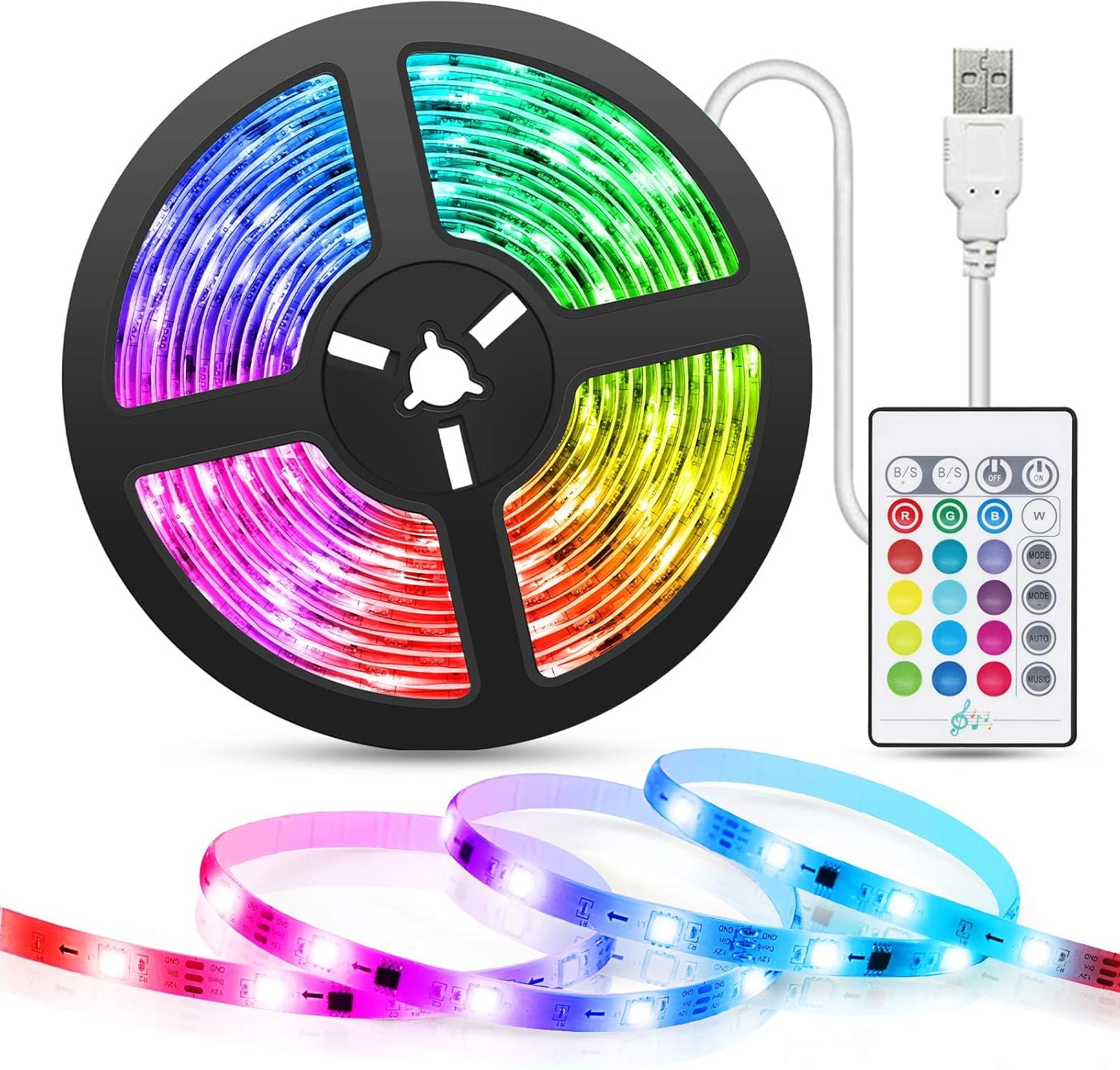 TASMOR 5M USB Powered LED Light Strip, RGB LED Strip Light with Remote, Music Sy...