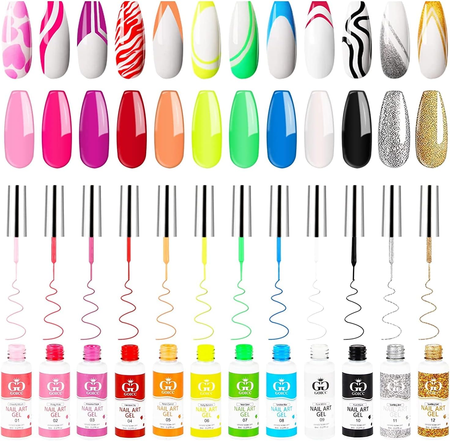 GOICC Gel Nail Polish Set 12 Gel Liner Nail Art Kit For Girls Colors Painted Gel...
