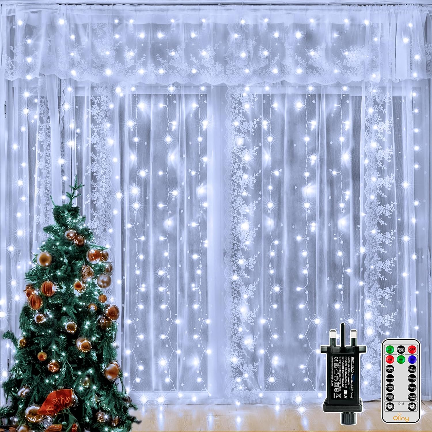 Ollny Curtain Lights Indoor Outdoor, 300LED 3mx3m Waterfall Hanging Plug in Fair...