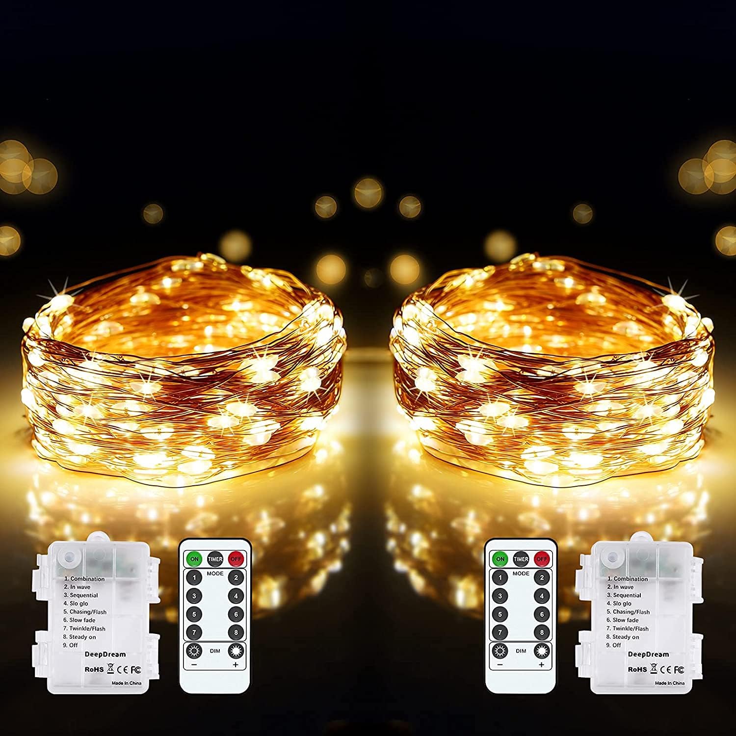 DeepDream 2 Pack LED Fairy Lights Battery Operated, 120LED 12M 8 Modes Copper Wi...