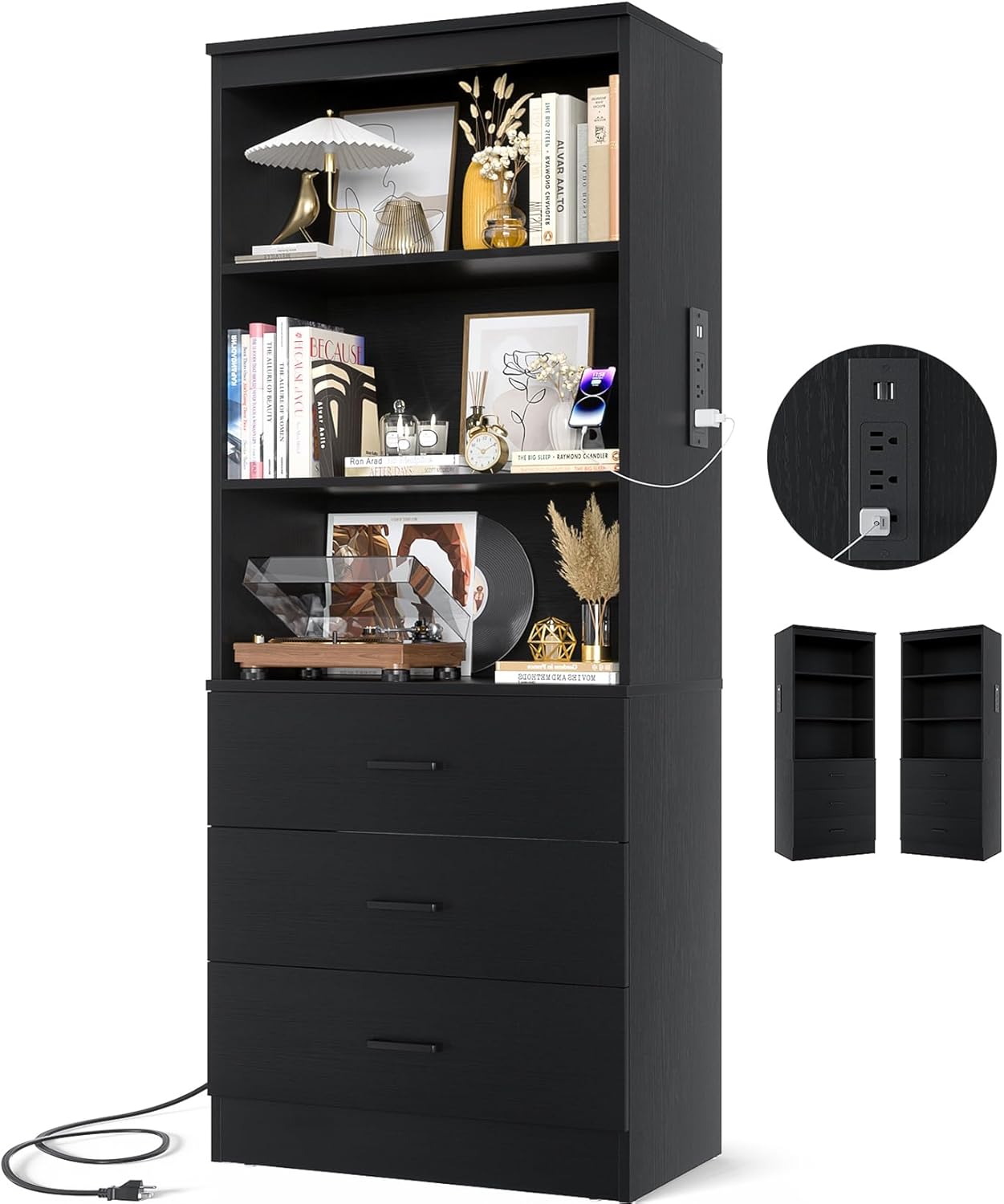 Aheaplus 71 Inches Bookshelf with USB Ports and Outlets, Wooden Bookcase with 3...