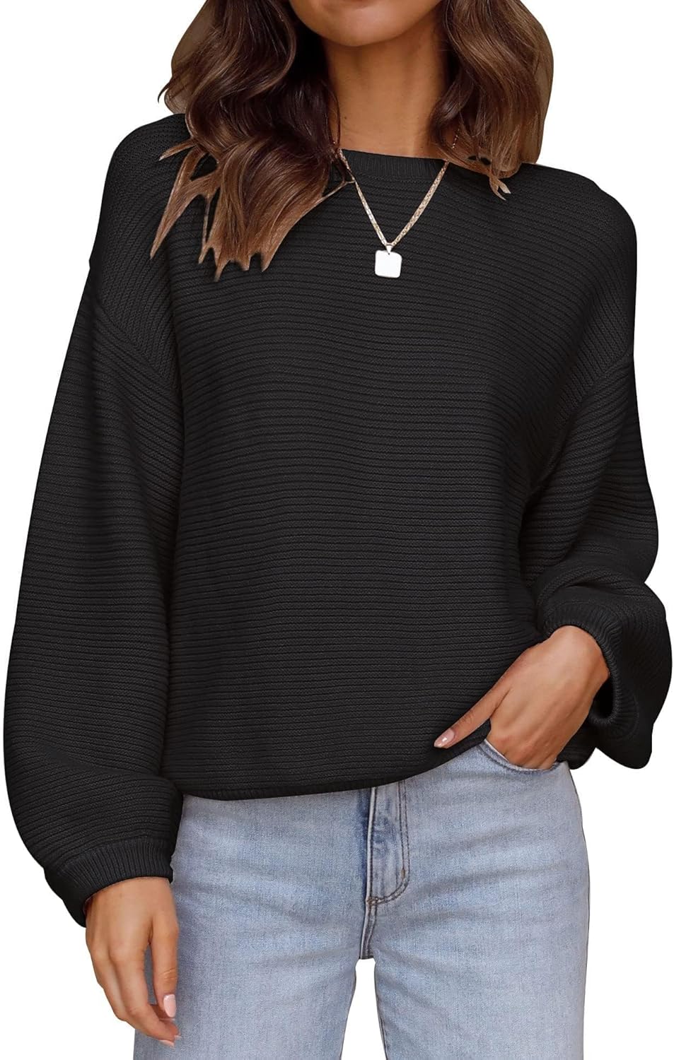 ZESICA Women's Crew Neck Long Lantern Sleeve Casual Loose Ribbed Knit Solid Soft...