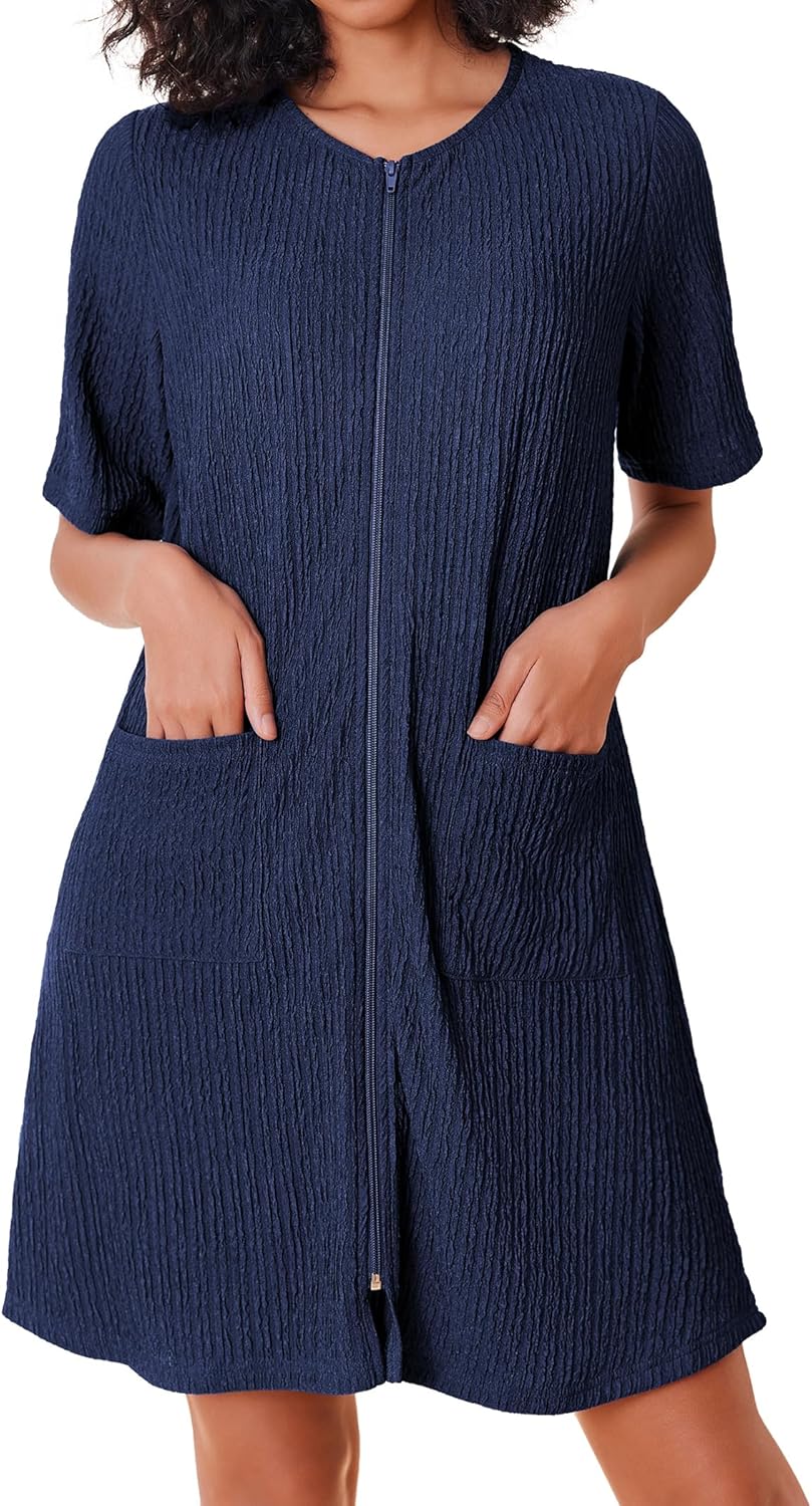 Ekouaer Women Zipper Robes Knit Short Bathrobe Lightweight House Coat with Pocke...