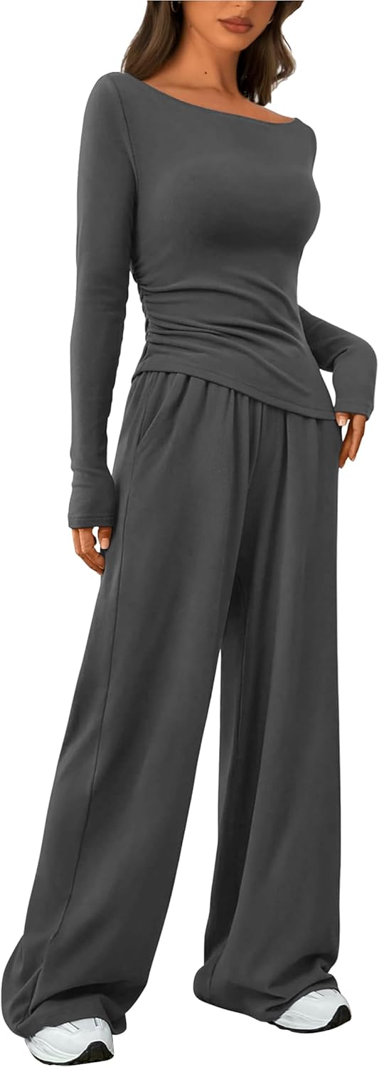 Women's Fall Two Piece Outfits Asymmetrical Long Sleeve T Shirt Wide Leg Pants L...