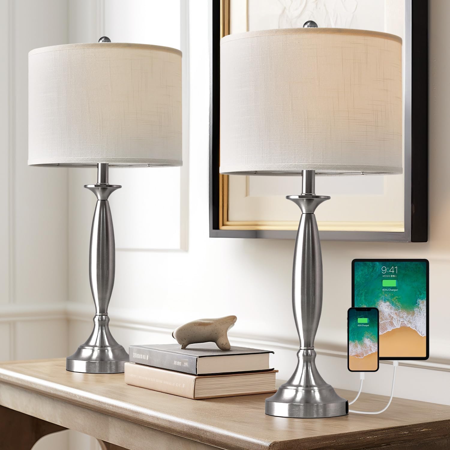 Oneach 27" Modern Table Lamps Set of 2 for Living Room Bedroom with USB A+ C Cha...