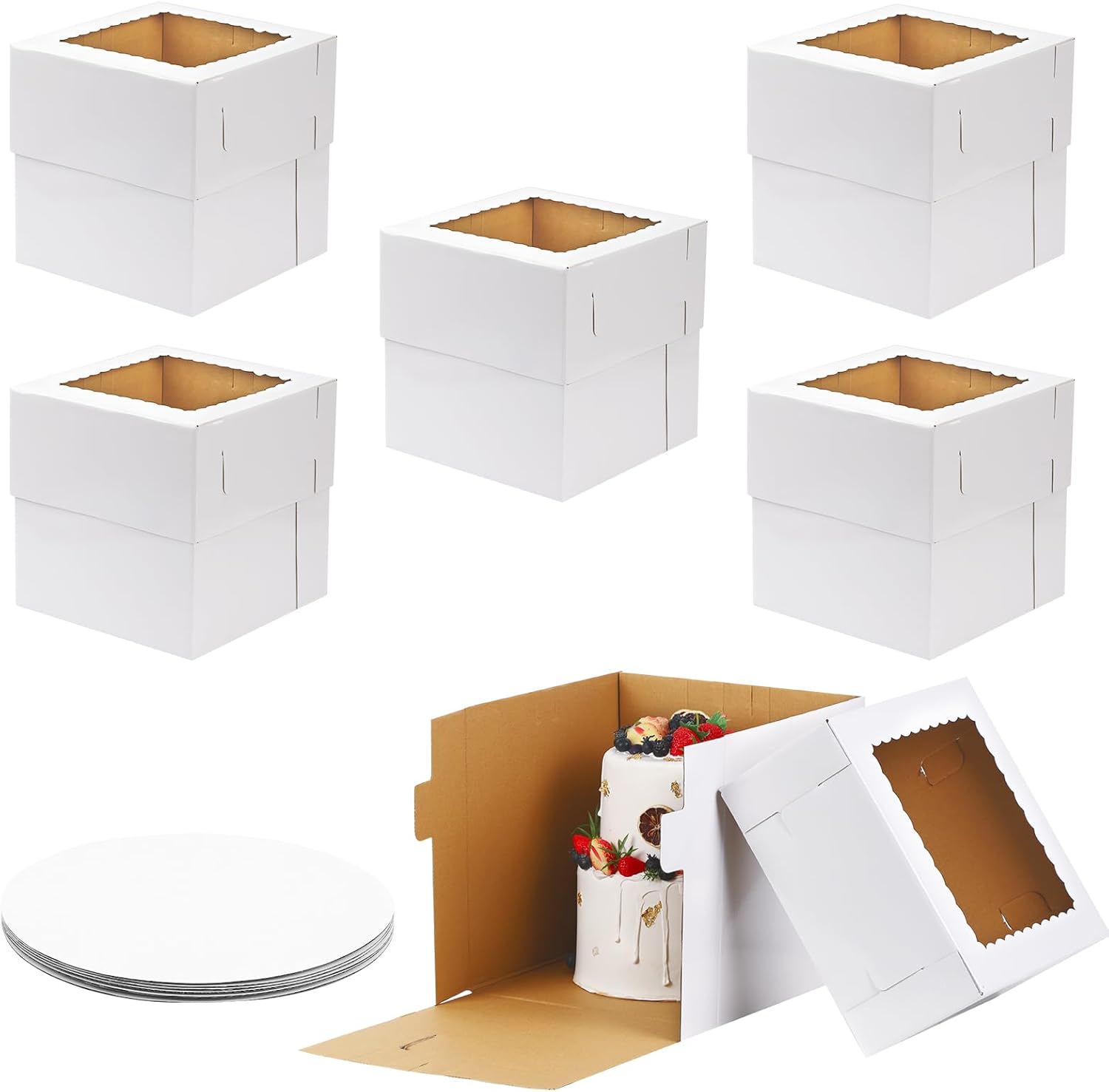 Moretoes 6 Pack 12x12x12 Inches Tall Cake Boxes with Cake Boards for Tier Cakes,...
