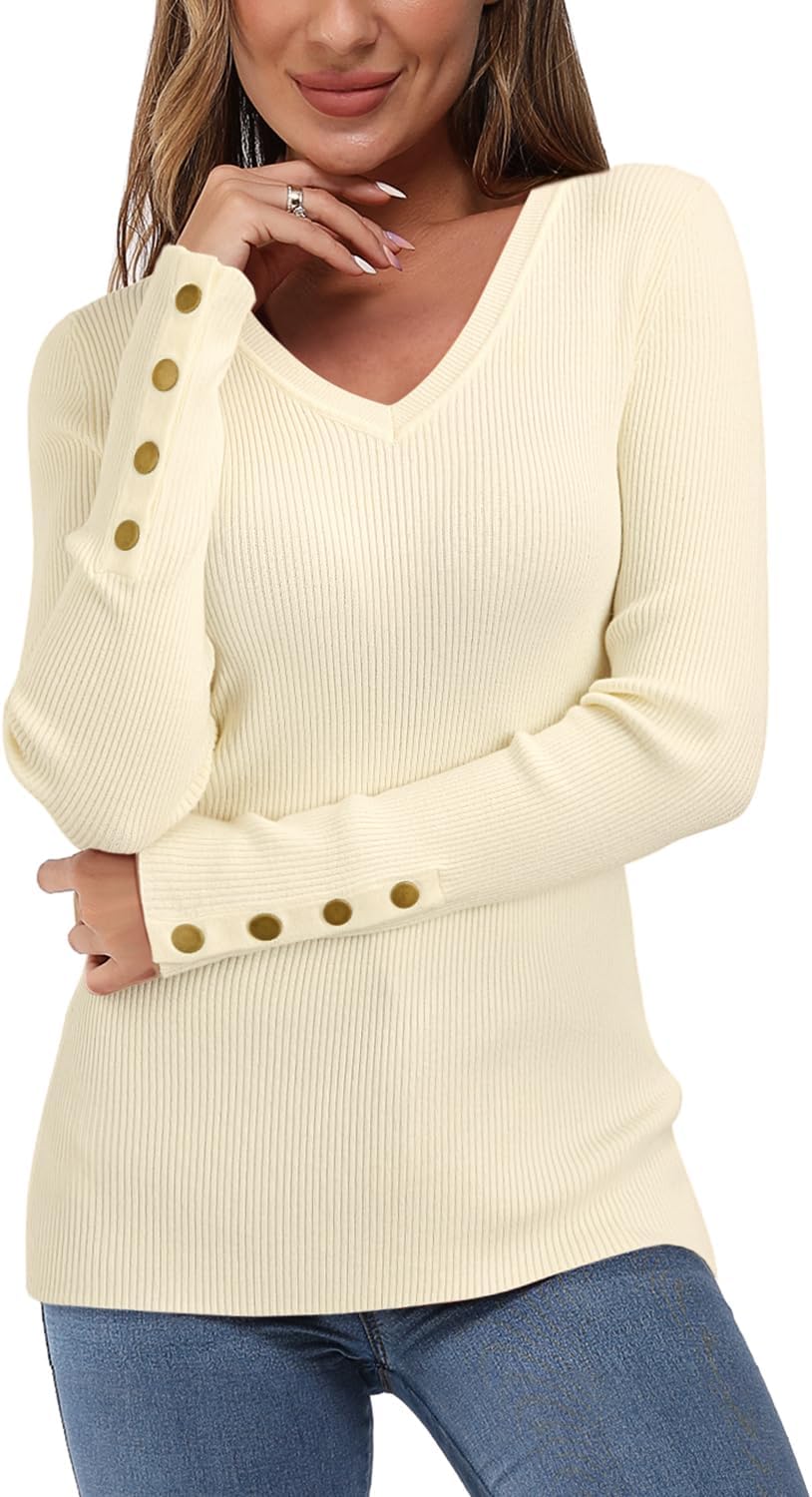 Newshows Women's Jumpers for Women UK V Neck Long Sleeve Knit Top Solid Stretch...