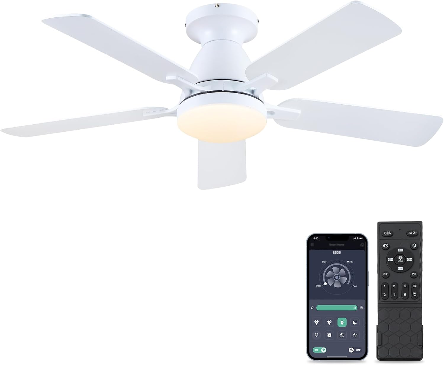 Ceiling Fans-46Inch Low Profile Indoor Ceiling Fan with Light and Remote/APP Con...