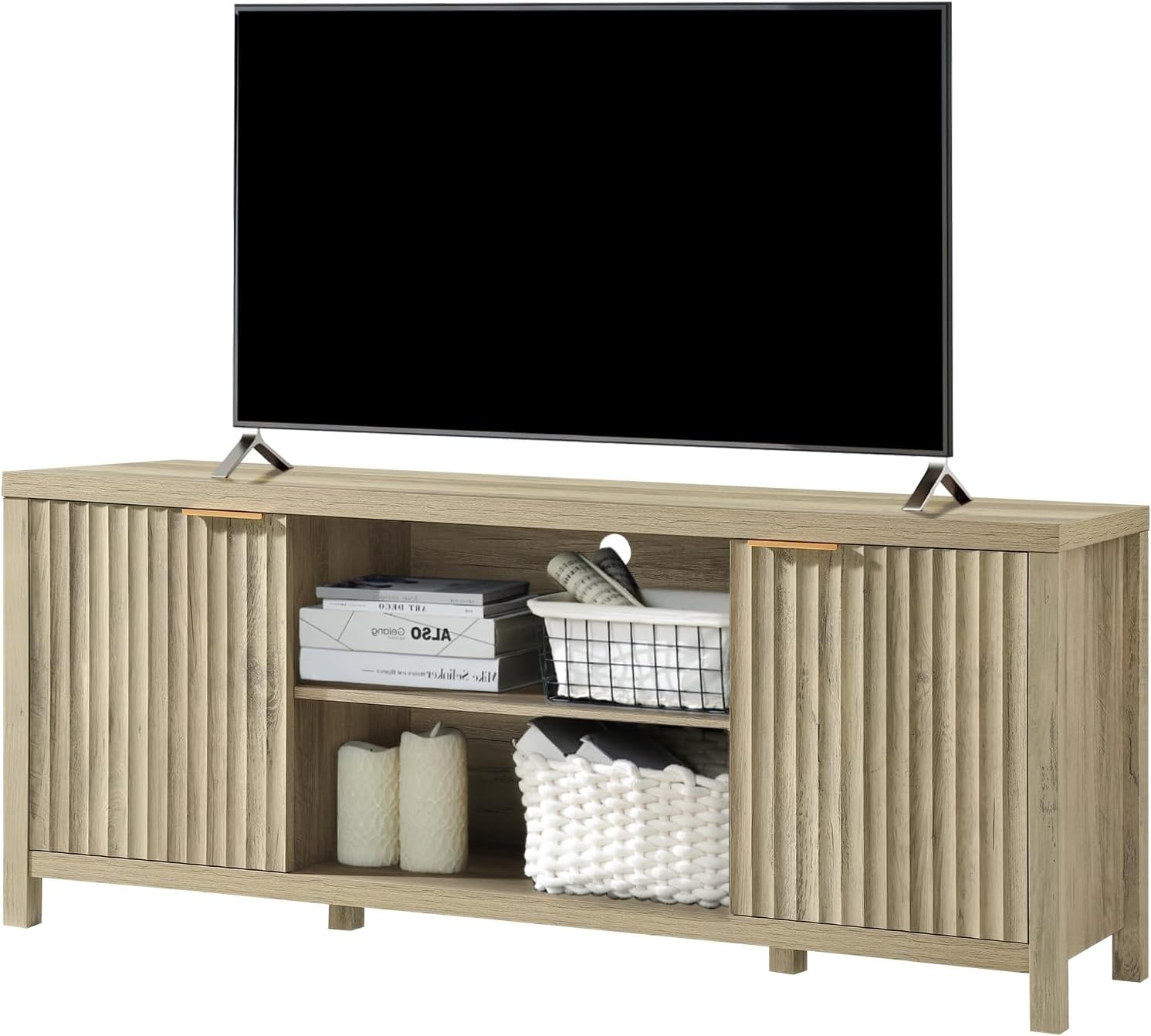 Fluted TV Stands for Living Room, Heavy Duty Entertainment Center with Storage,...