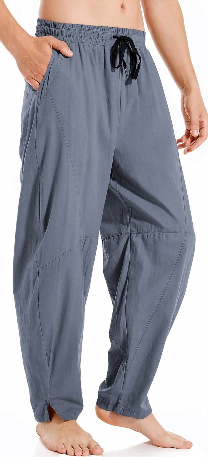 AITFINEISM Mens Cotton Linen Pants Elastic Drawstring Waist Lightweight Summer B...