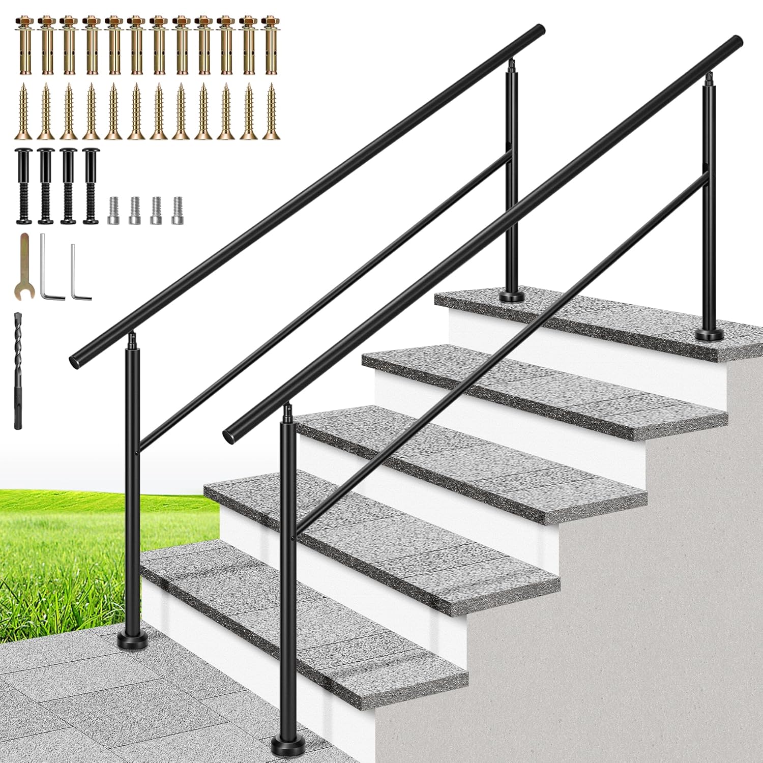 VIVOHOME 2-Pack Hand Rails for Outdoor Steps, Wrought Iron Railing, Black Round...