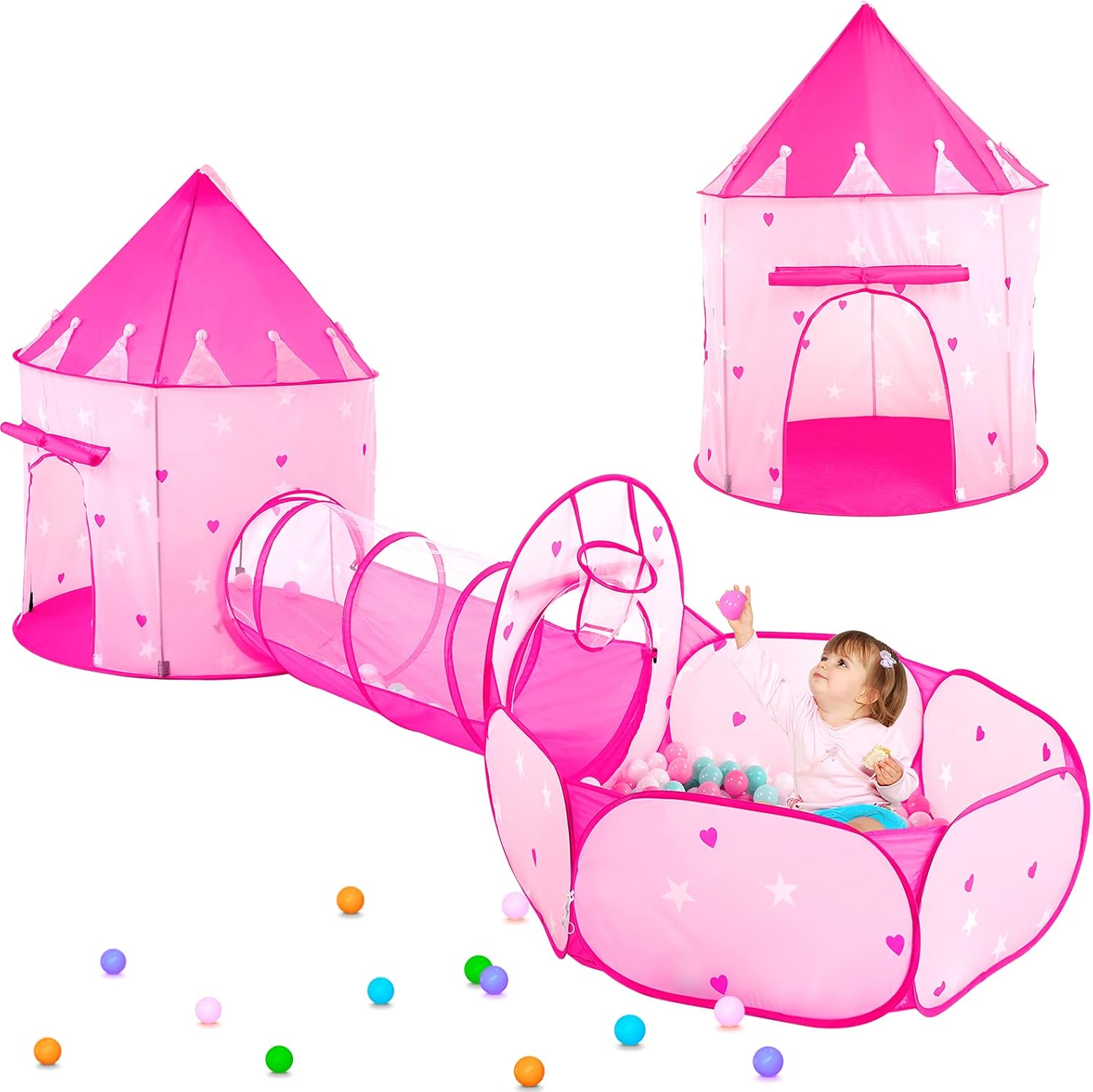 PigPigPen 3pc Kids Play Tent for Girls with Ball Pit, Crawl Tunnel, Princess Ten...
