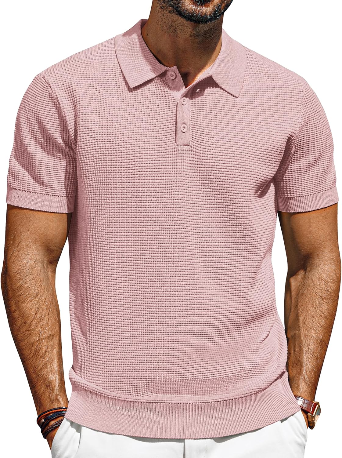 PJ PAUL JONES Knit Polo Shirts for Men Casual Short Sleeve Waffle Texture Polo G...