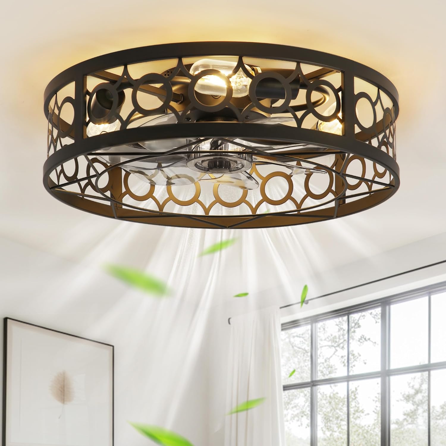 LEDIARY Caged Ceiling Fan with Light and Remote, 20in Small Low Profile Ceiling...