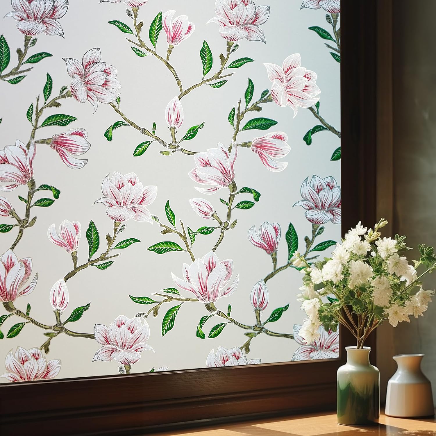 Coavas Stained Glass Window Privacy Film: 3D Magnolia Decorative Frosted Window...