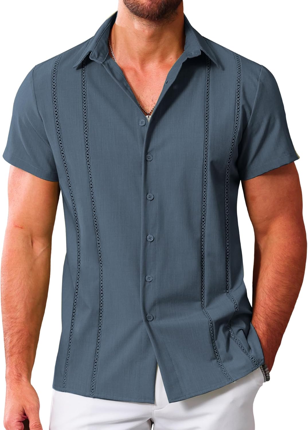 LETSEE Men's Cuban Guayabera Shirt Short Sleeve Casual Button Down Shirts Summer...