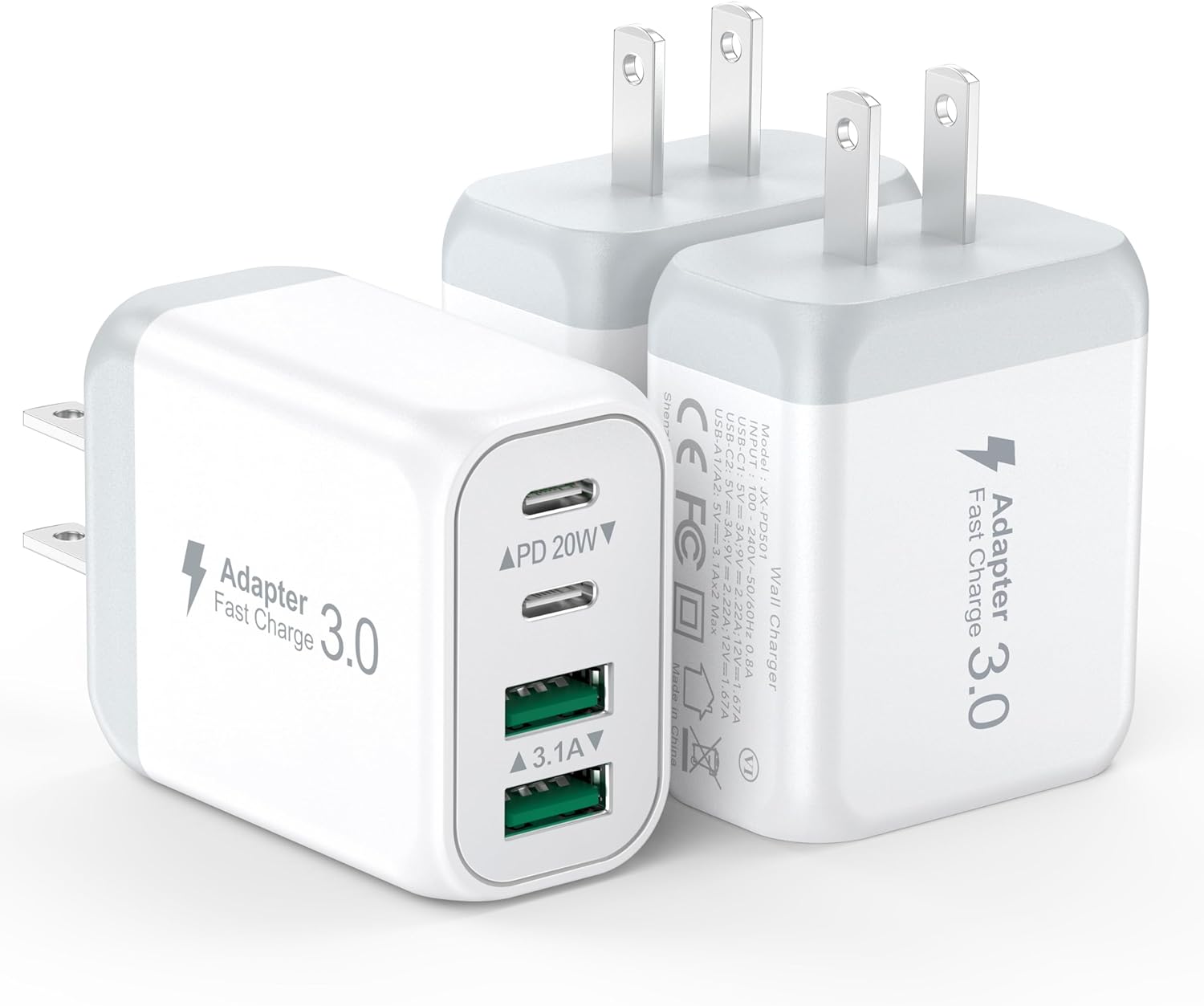 3 Pack USB Wall Charger,Fast USB C Charger Block 4 Port PD Power Adapter,QC Wall...