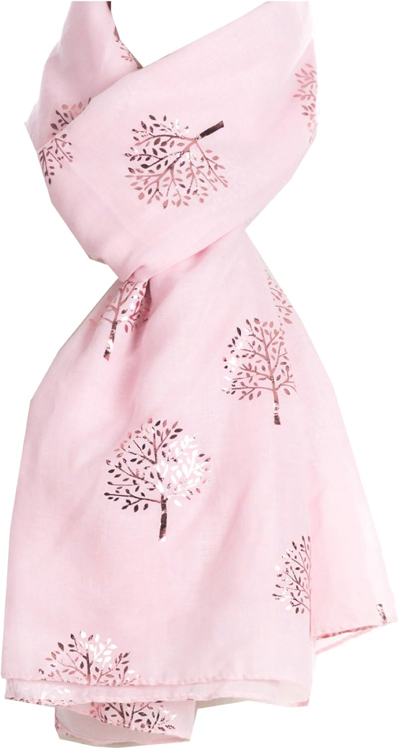 World of Shawls Silver Foil Mulberry Tree Print Fashion Scarf Baby Pink With Ros...