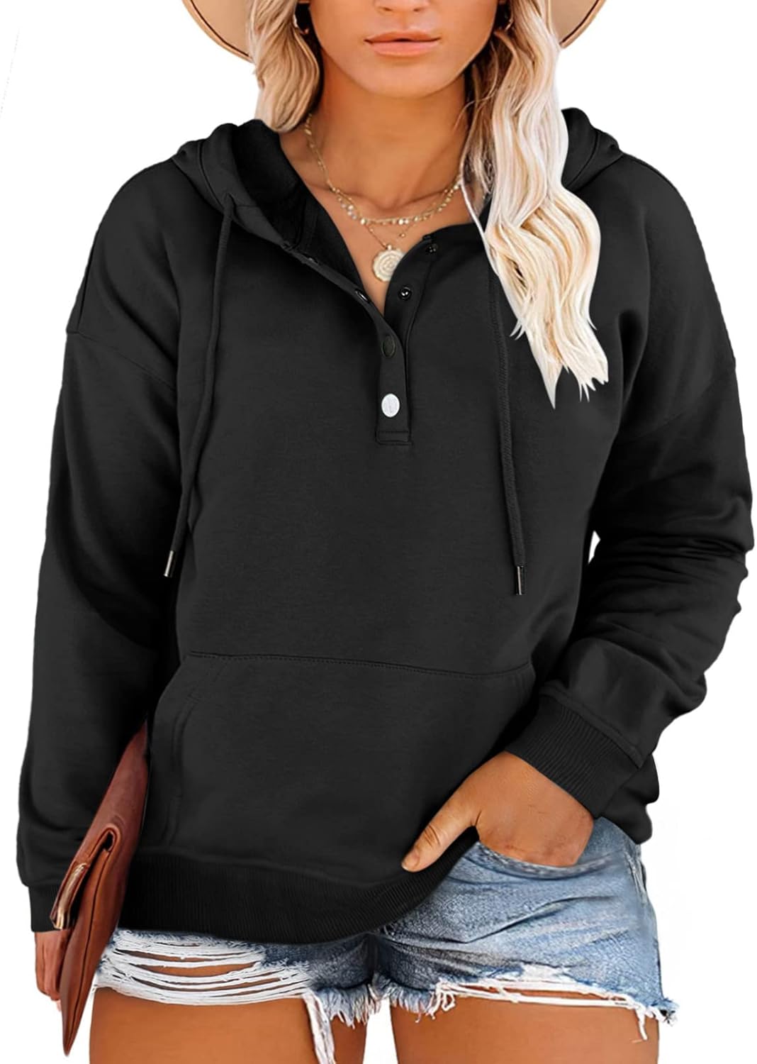 Eytino Womens Plus Size Hooded Tops Button Collar Long Sleeve Drawstring Hoodies...