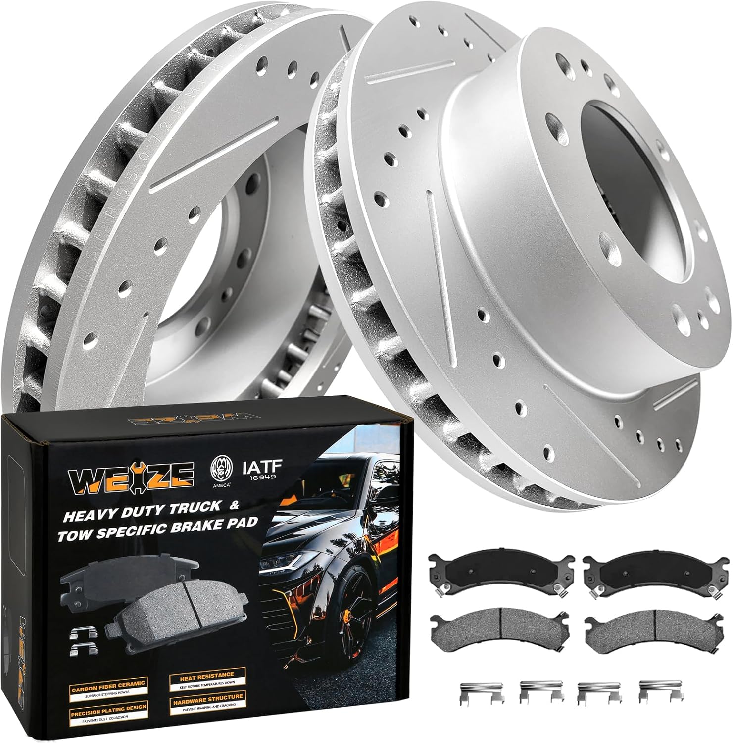 WEIZE Front Truck & Tow Brake Rotors Kit, CARBON FIBER Ceramic Brake Pads and Dr...