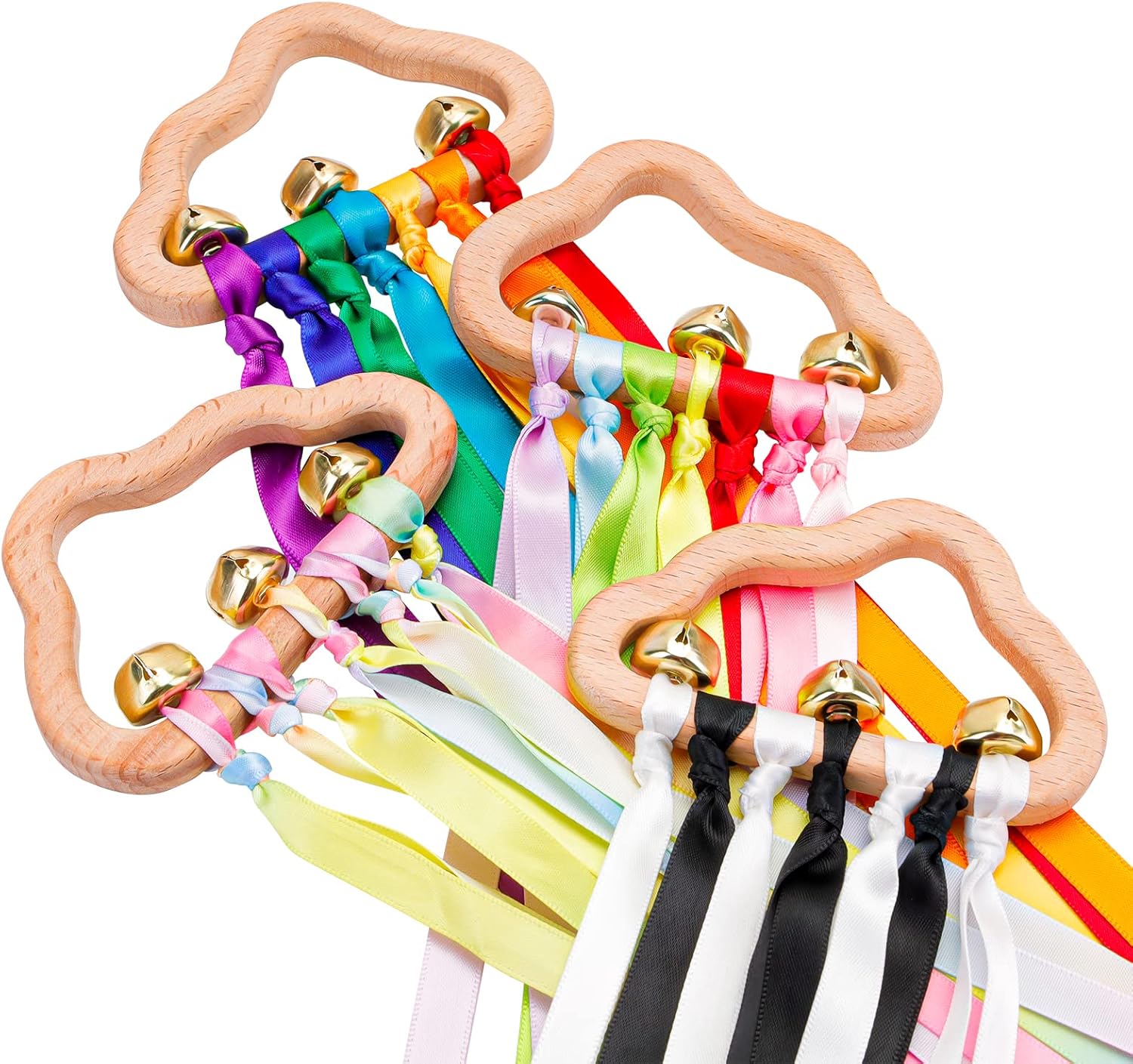 Sensory Ribbon Ring Toys for Babies - 4PCS Rainbow Ribbon Baby Sensory Toy with...