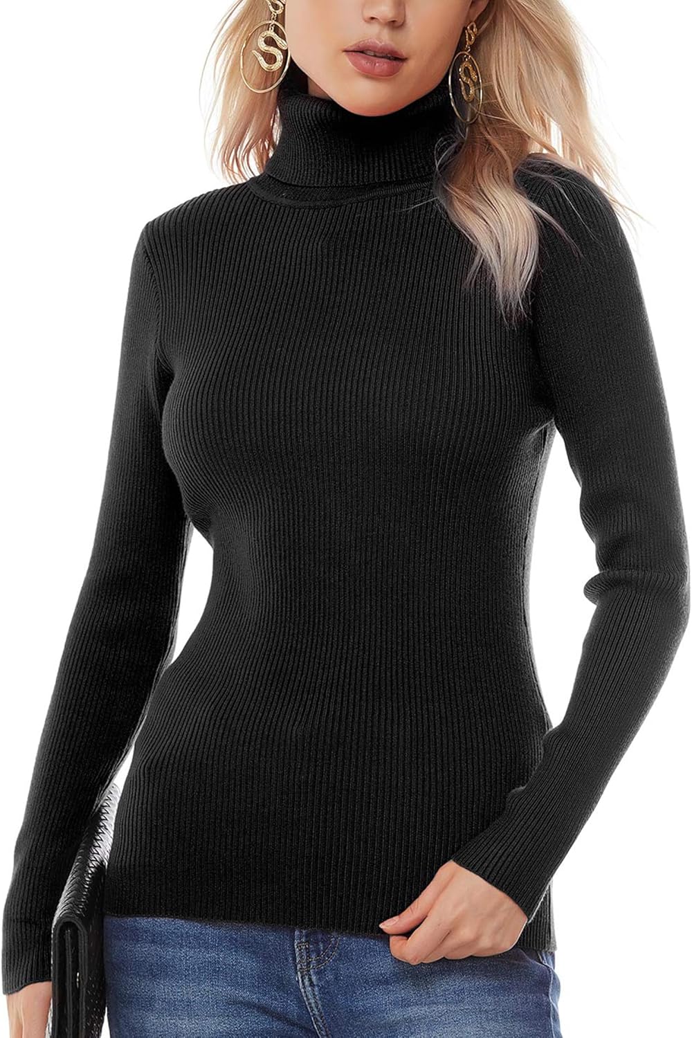 nine bull Womens Solid Basic Stretch Turtleneck Pullover Knit Sweater Small Blac...