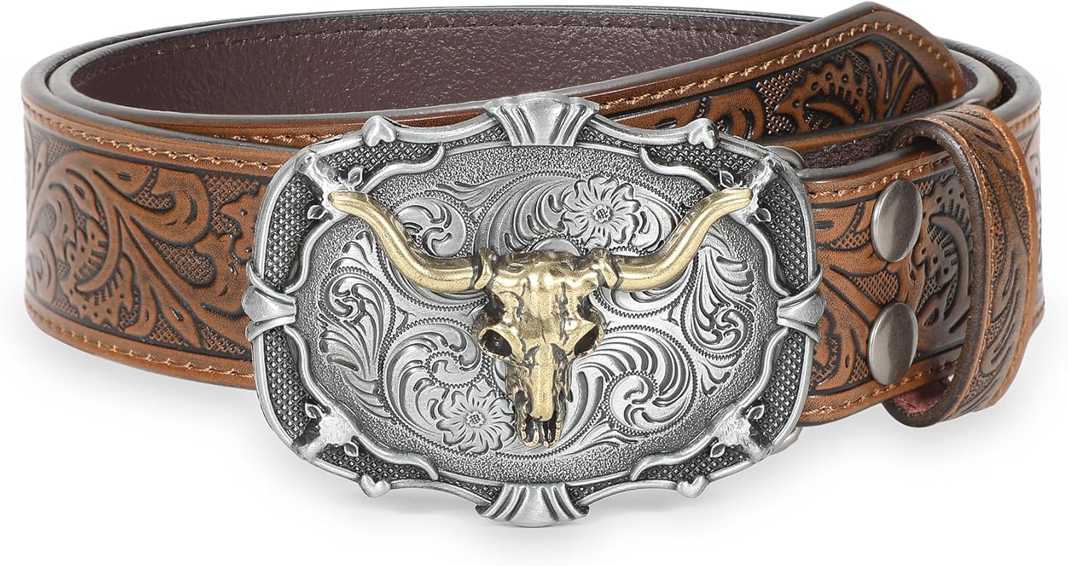 WHIPPY Mens Cowboy Belt Western Belts for Men Women with Engraved Floral Bull He...