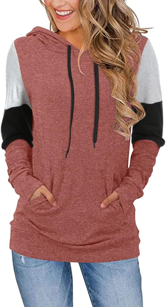 CATHY Women's Casual Drawstring Pullover Tunic Top Long Sleeve Color Block Hoodi...