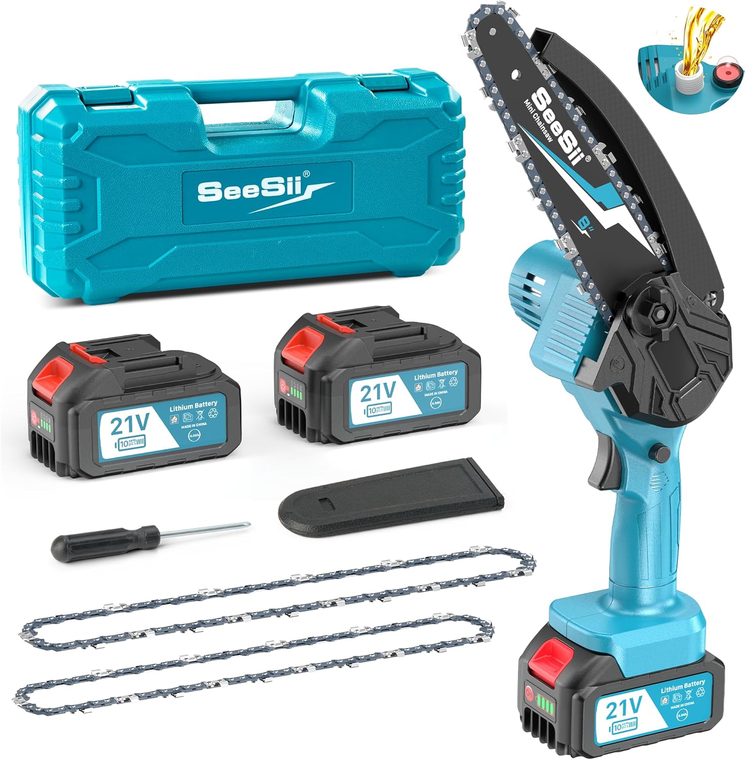 Seesii 8 Inch Mini Cordless Chainsaw with High Capacity 4000mAh x2 Batteries, 90...