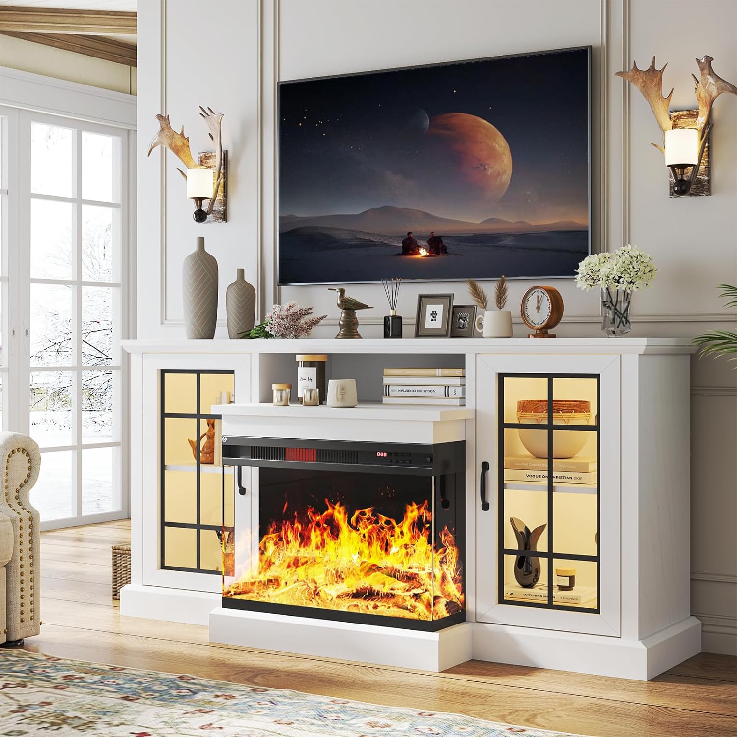 oneinmil 59'' Fireplace TV Stand, 3 Sided Glass Media Entertainment Center Conso...