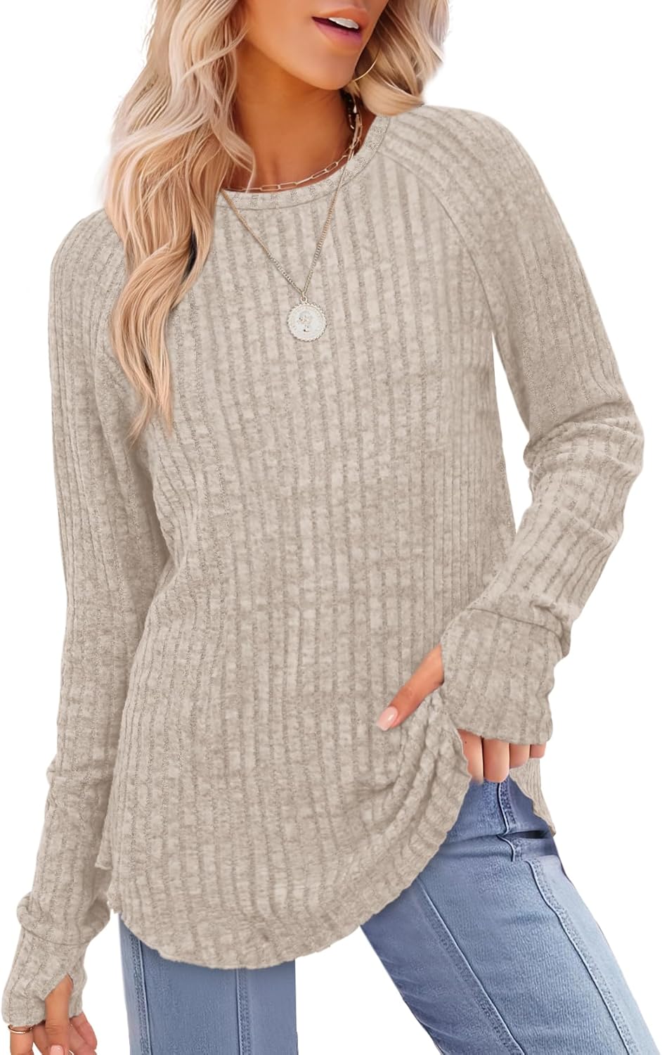 Saloogoe Women's Long Sleeve Top Crewneck Basic Lightweight Fall Shirt with Thum...