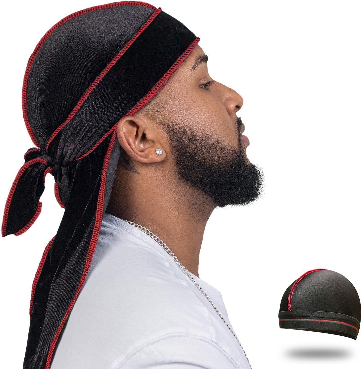Velvet Durag for Men Wave Cap Velvet Dorag for Men Women 360 Wave Black With Red...