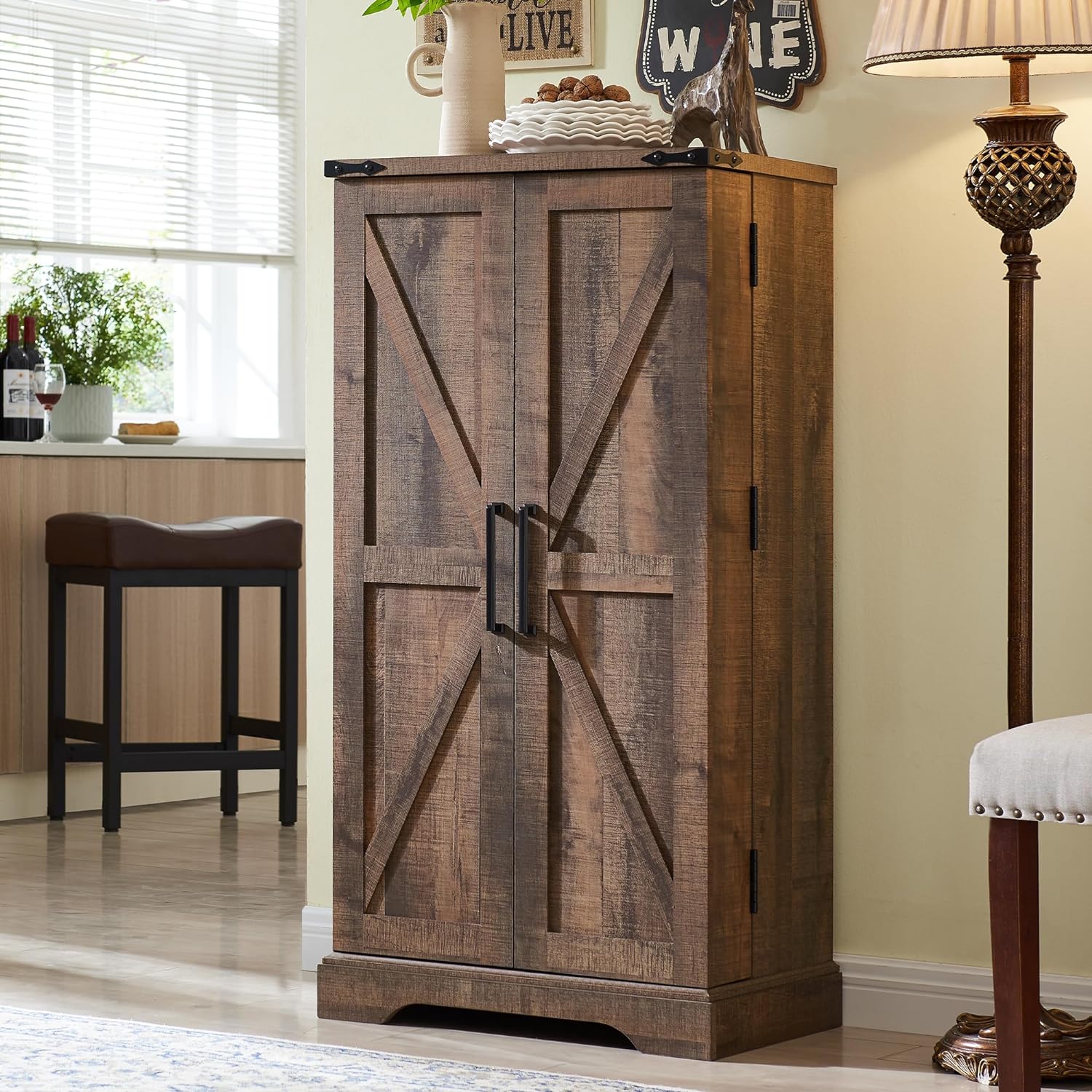 47" Kitchen Pantry, Farmhouse Storage Cabinet with Barn Doors, Organizer and Adj...