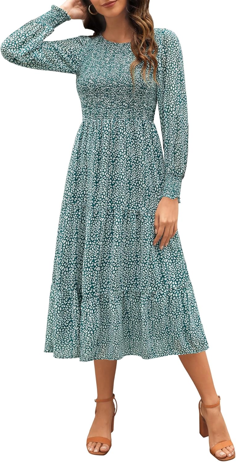 Zattcas Womens Fall Dresses 2024 Casual Long Sleeve Smocked Boho Floral Tiered M...