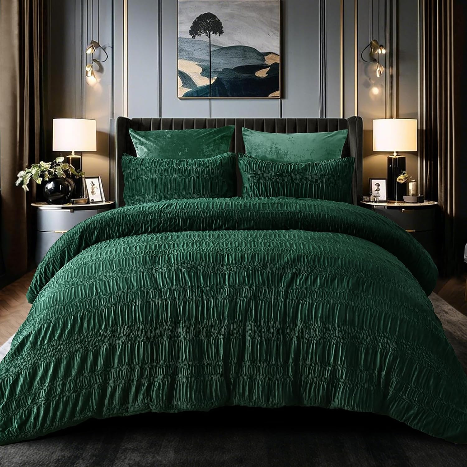 PHF Luxury Velvet Comforter Set Queen Size, 3 Piece Ultra Soft Seersucker Ruched...