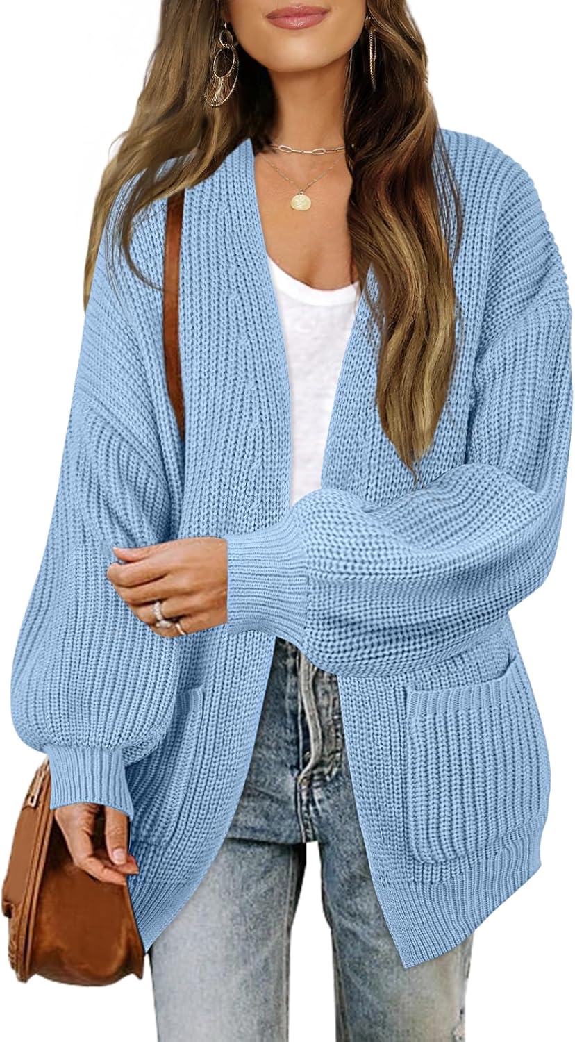 MEROKEETY Women's Fall Open Front Long Lantern Sleeve Cardigan Oversized Chunky...
