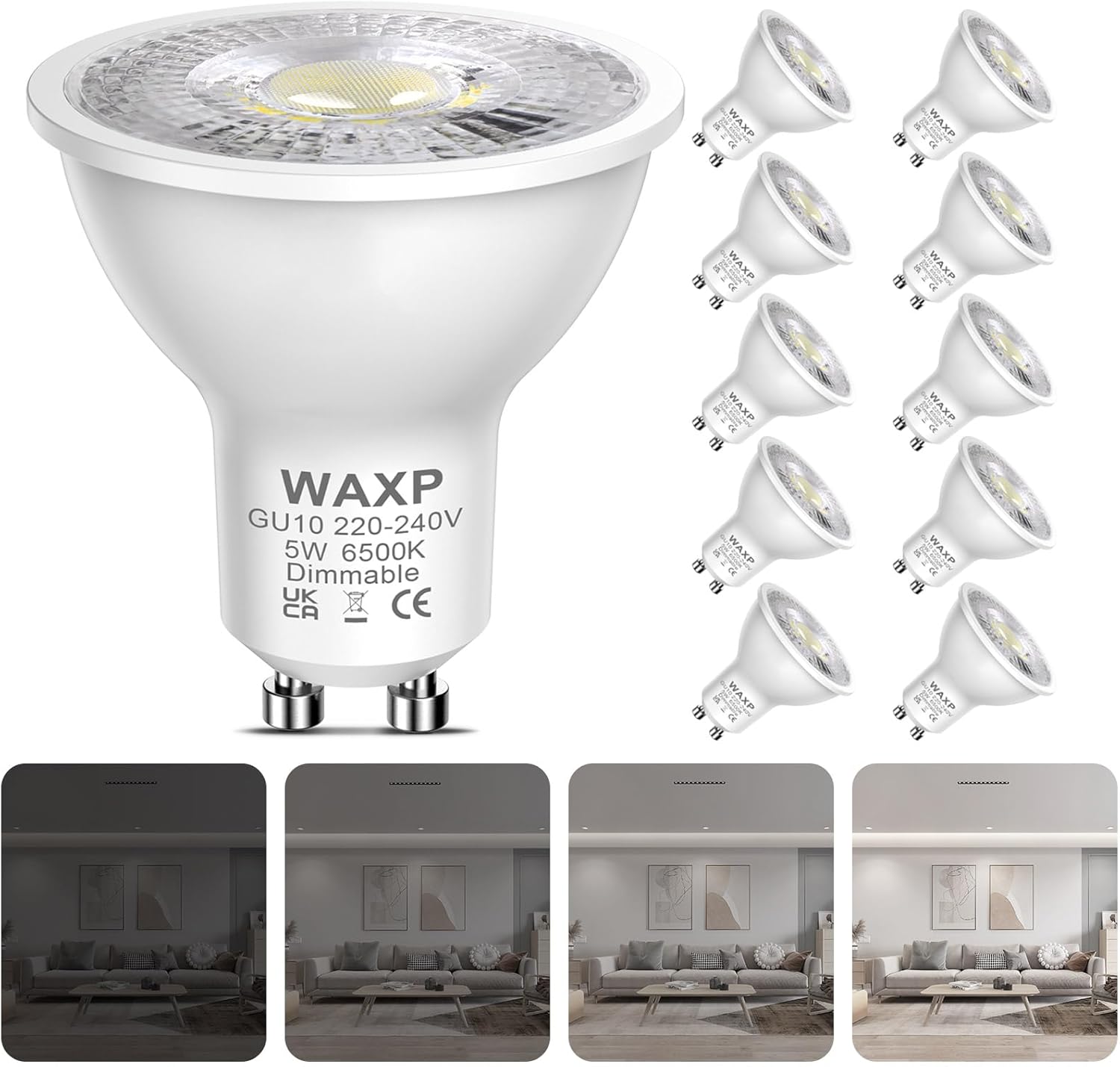 GU10 LED Bulbs Cool White Dimmable 5W, 6500K, 365lm, No Flickering, Energy Savin...