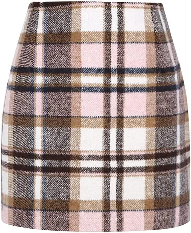 Kinghua Womens Wool Plaid Mini Skirt Fall Winter High Waisted Bodycon Pencil Ski...