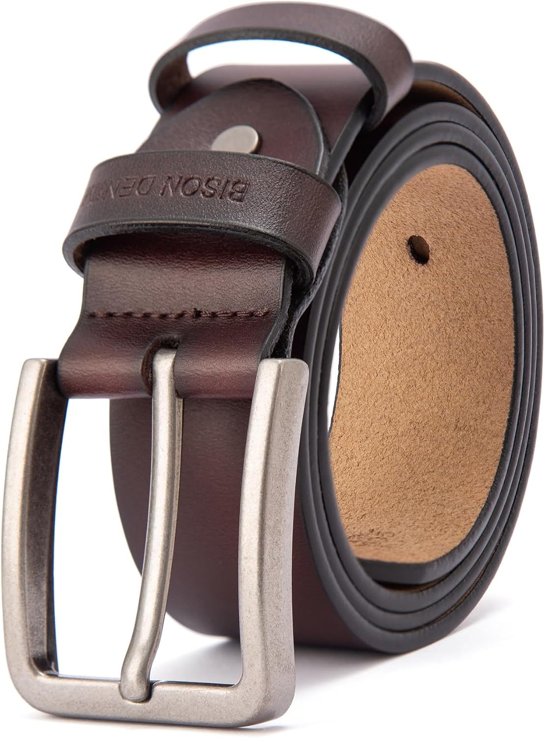 BISON DENIM Men's Belt - Leather Waistband with Anti-Scratch Pin Great for Jeans...