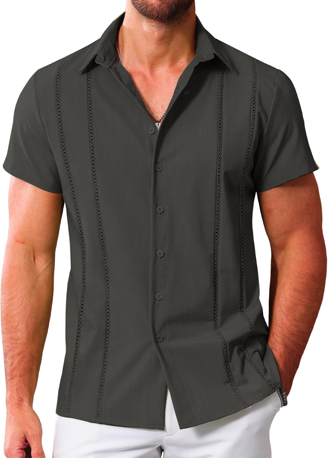 LETSEE Men's Cuban Guayabera Shirt Short Sleeve Casual Button Down Shirts Summer...
