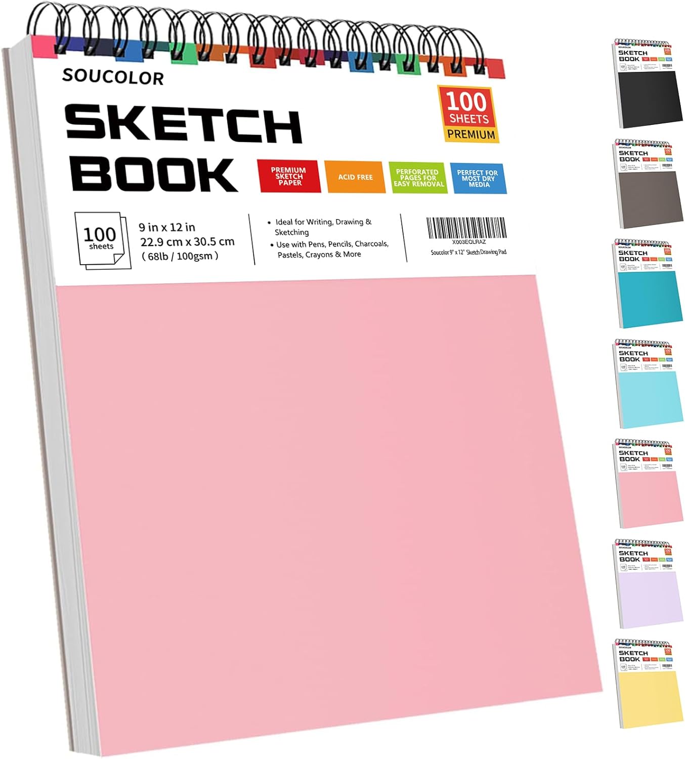 Soucolor Cute Sketchbook 9" x 12" for Women, 1-Pack 100 Sheets Spiral Notebook D...