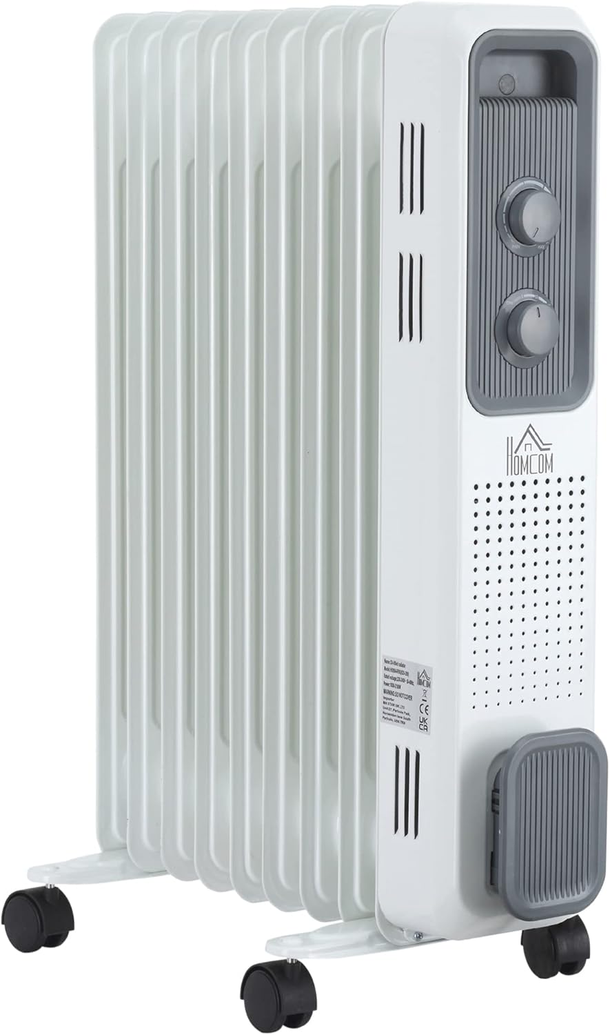 HOMCOM 2000W Oil Filled Radiator, 9 Fin, Portable Electric Heater with 3 Heat Se...