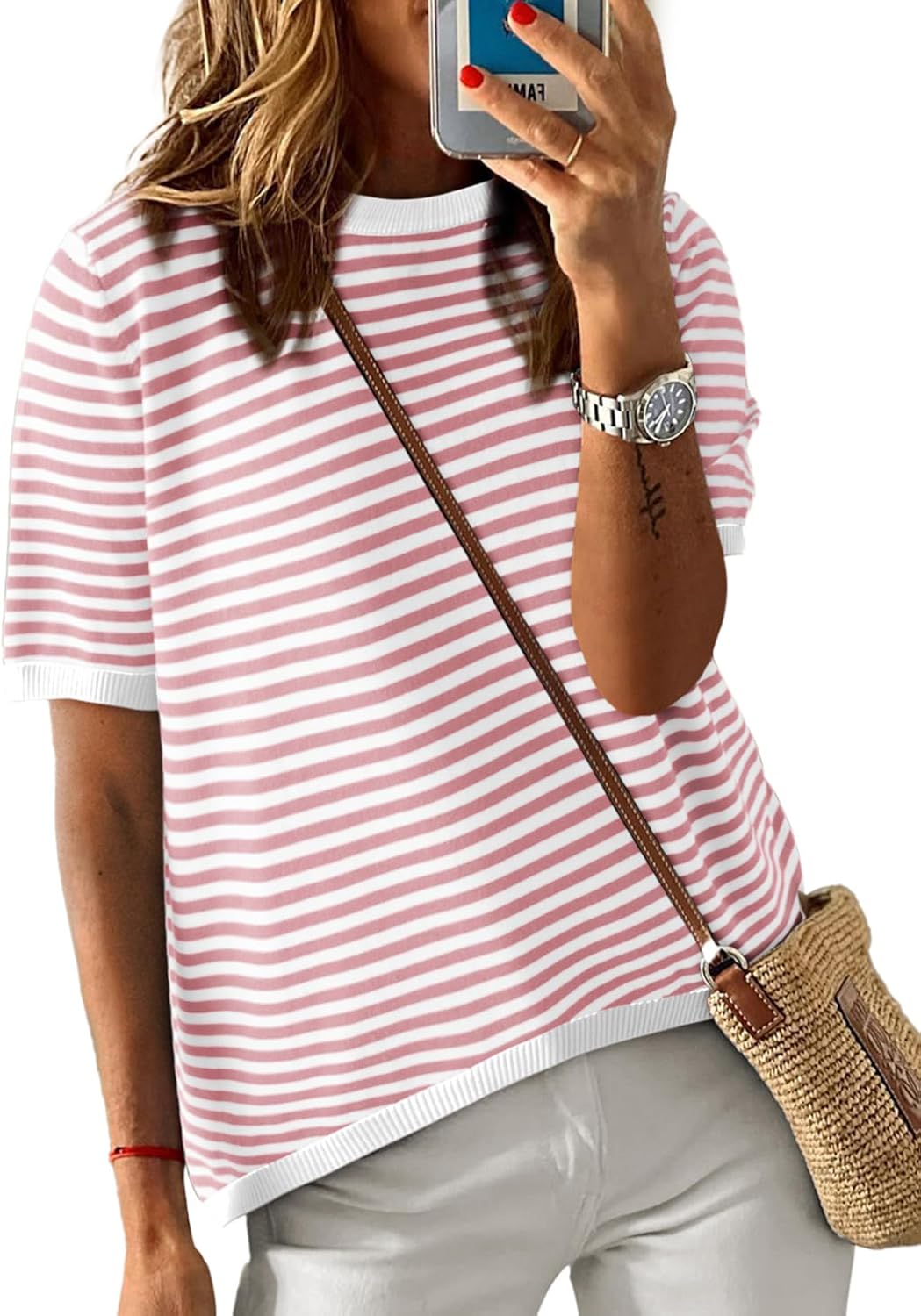 Dokotoo Womens Tops Casual Summer Crewneck Short Sleeve Striped Color Block Knit...