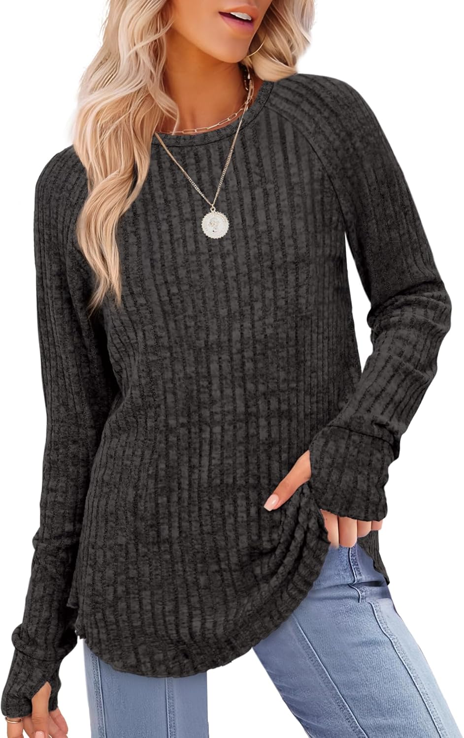 Saloogoe Women's Long Sleeve Top Crewneck Basic Lightweight Fall Shirt with Thum...